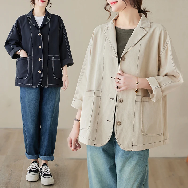 

Casual Loose Cotton Linen Long Sve Suit Jaet Women's Autumn Faion Slimming Top New Arrival Ele Color