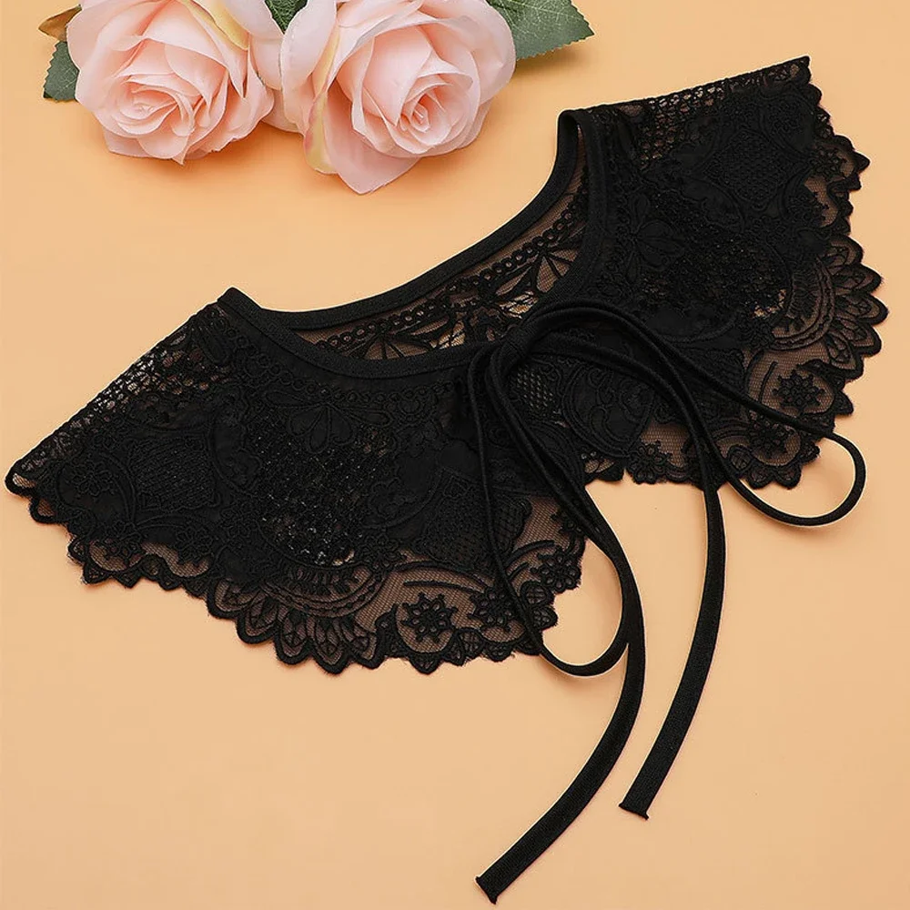 Women's Lace Fake Collar Embroidery Sweet Cute Flower Lace Shawl Vintage Ladies Black White Shirt Strap Bow False Collar Girl