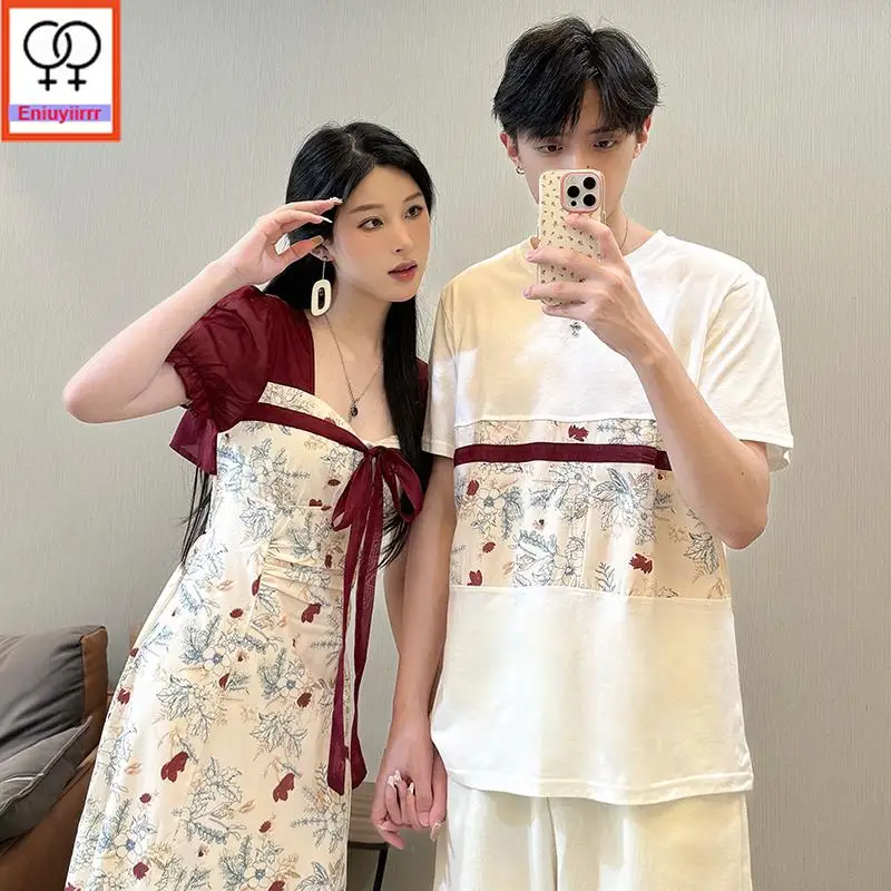 Matching Couple Clothes 2024 Holiday Honeymoon Summer Outfit Date Girls Female Male Lovers Retro Couple Long Bow Tie Shirt Dress