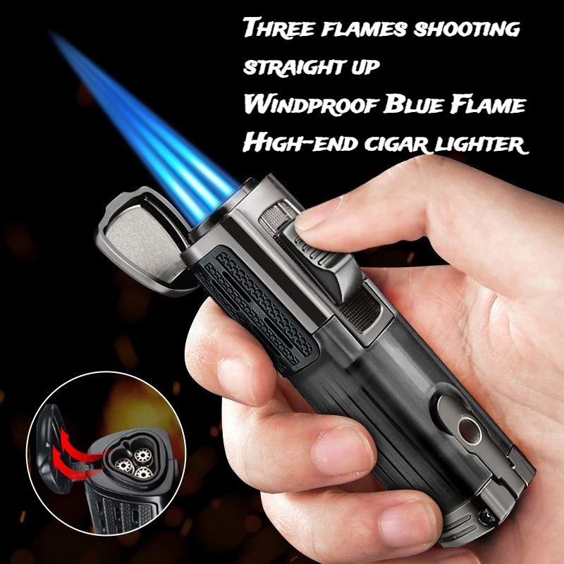 

Высококачественная металлическая ветрозащитная зажигалка для сигар с синим пламенем, многофункциональная, с 3-мя струями пламени, прямая подача, премиум-подарок
