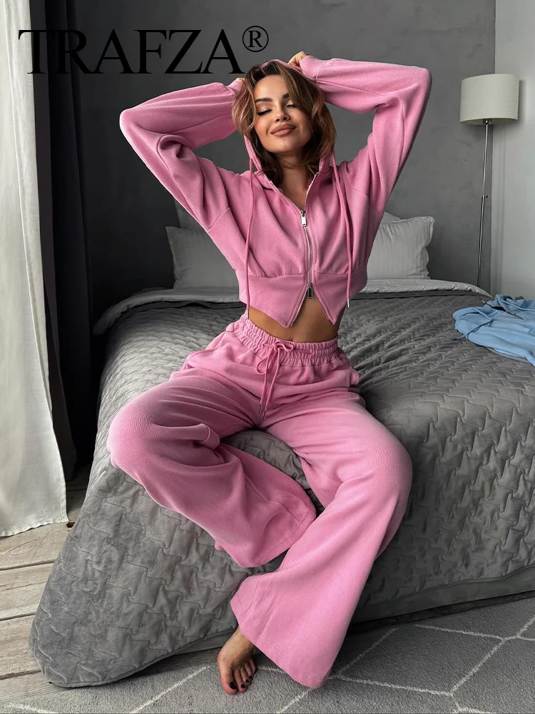 TRAFZA 2024 Women Pants Set Solid Pink +Grey Tube Tops +Long Sleeve Hooded Coat+ Elastic Waist Causal Loose Fleece Pants Street