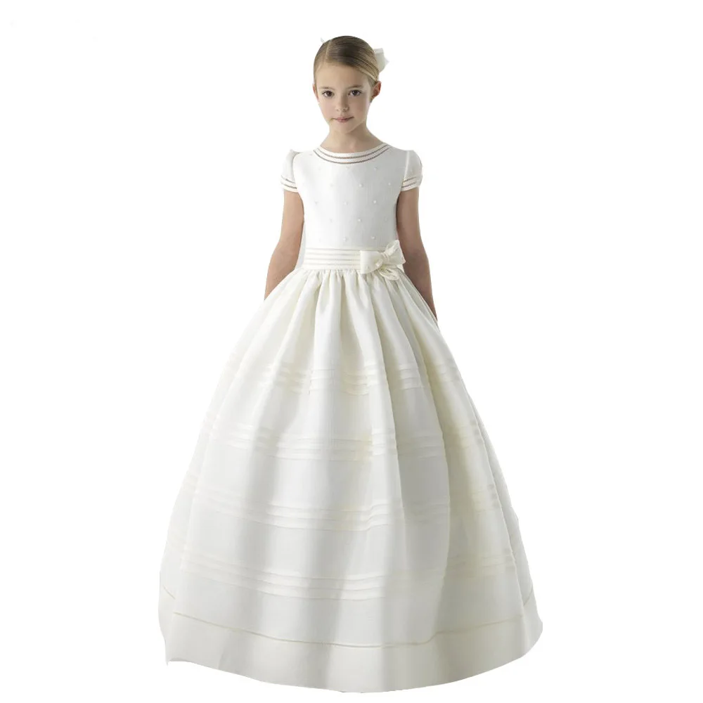 Age 8-14 Years First Communion Dress For Girls Short Sleeve Belt With Bows