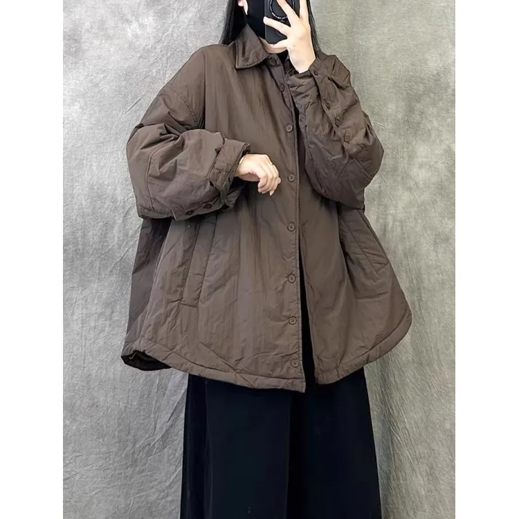 

Retro Sle Thiened Cotton irt Jaet Women's Loose Lazy Mid-Length Warm Cotton Coat Long Sve Collar Single Button