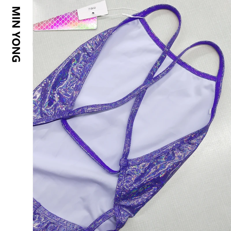 Maillot de bain une pièce triangulaire professionnel pour femmes, maillot de bain d'entraînement ajouré, bandes de couleurs violettes