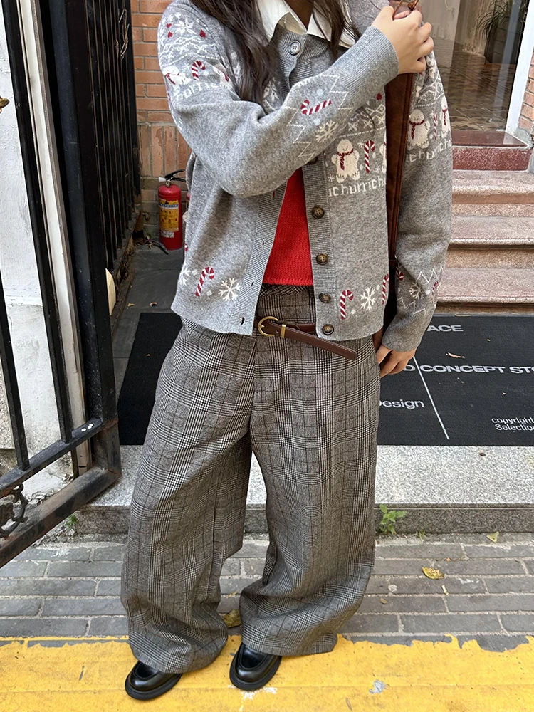 PBAP 市松女性ツイードワイドレッグパンツハイライズドレープベルボトムカジュアルルーズチェック柄スーツズボンラウンジレトロストリート