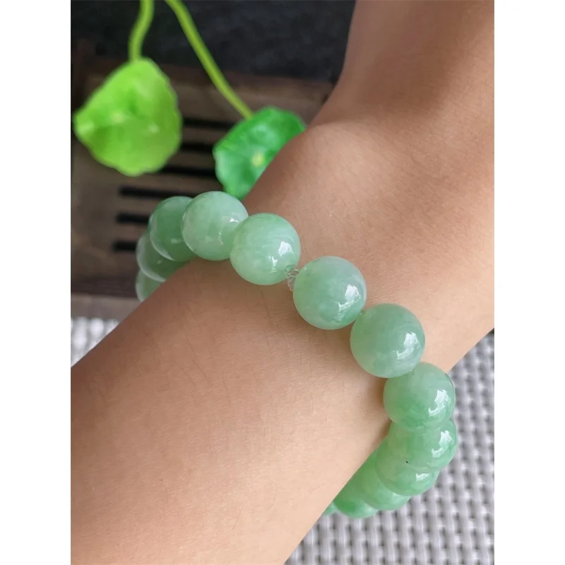 Myanmar Natural a Bracelet Bead Ice-like Full Green round Beads Jade 18 Pieces 43.36G