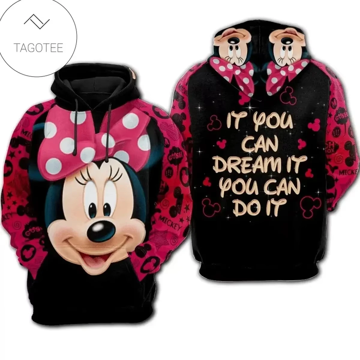 Disney-homens e mulheres 3D com capuz Minnie Mouse, moletom com zíper, pulôver casual, retrô, 2025