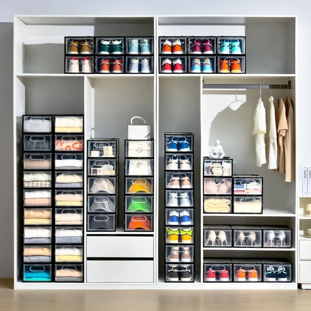 

l 15 Pack Shoe Storage Boxes, Clear Plastic Stackable Shoe Organizer for Closet, Shoe Box with Magnetic Door, Foldable Storage
