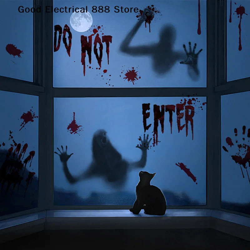 【G】Halloween Stickers Horror Blood Hand Print Door Stickers Window Bathroom Shadow Glass Female Ghost Wall Decal Halloween Decor - view 4