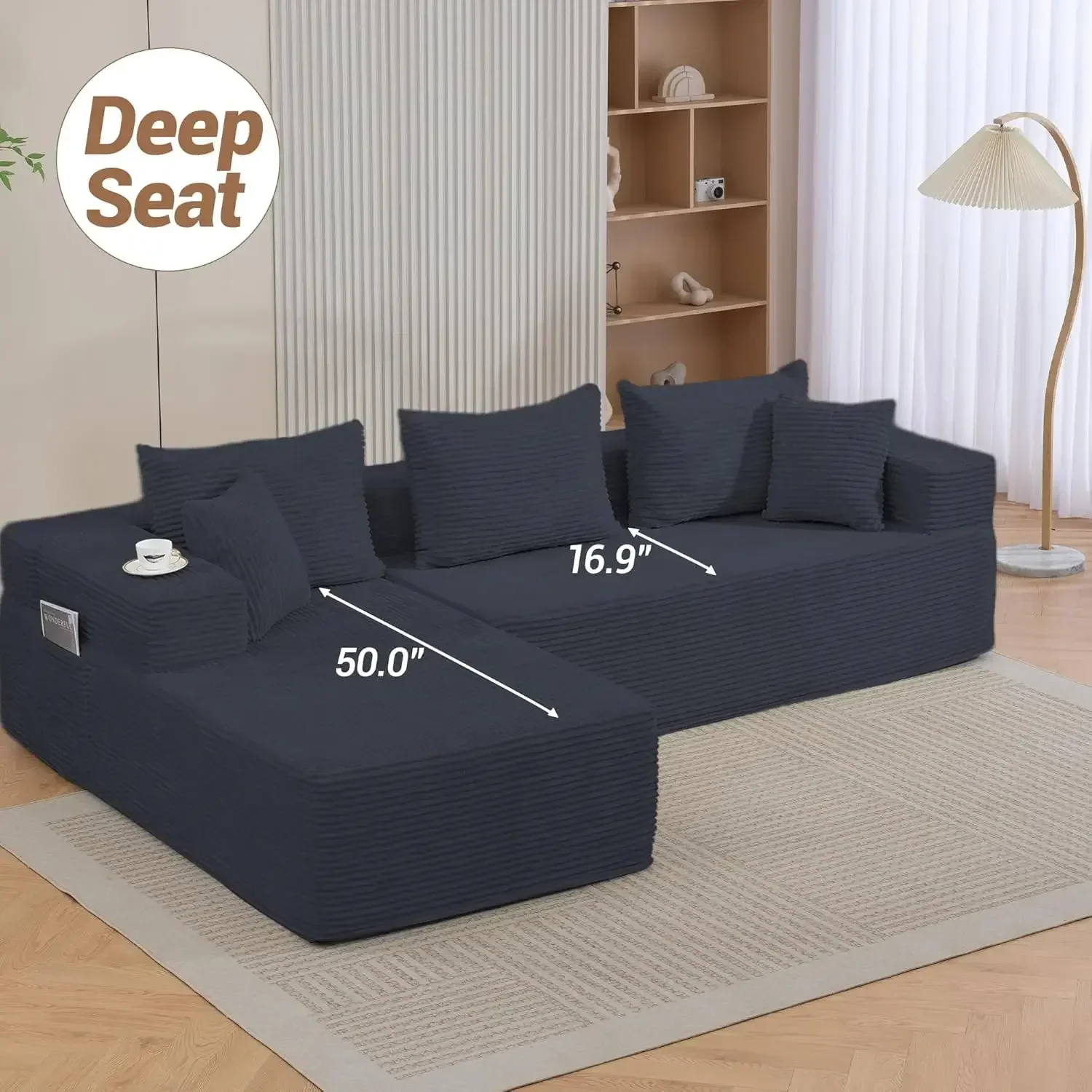 105'' Modular L-Shaped Boneless Sectional, Corduroy Deep Seat Cloud Sectional Couch, Small Space Sofa for Apartment Living Room