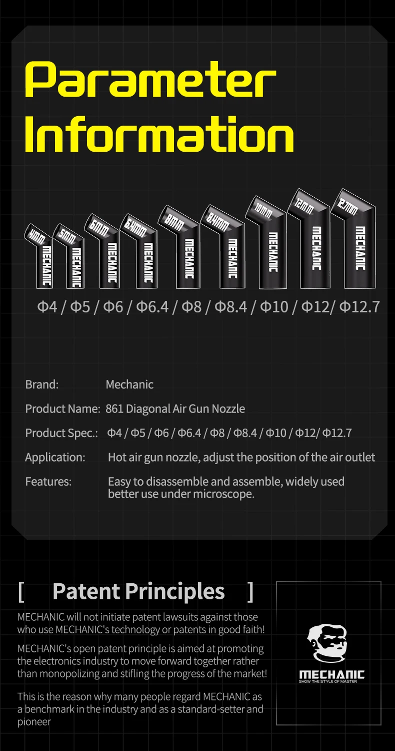 MECHANIC 861 アングルヒートガンノズルセット 9 サイズ 顕微鏡下での精密作業用のプレミアムスチールチップ ほとんどのヒートガンに適合
