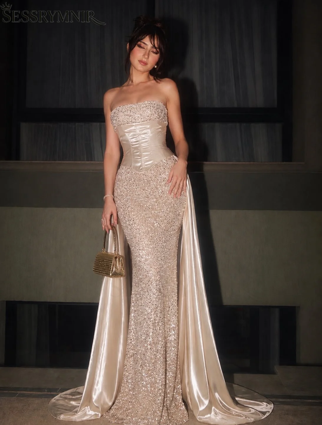 

SESSRYMNIR Women'S Wedding Party Attire Customize Strapless Mermaid Women'S Formal Evening Gowns Floor-Length Elegant Gowns
