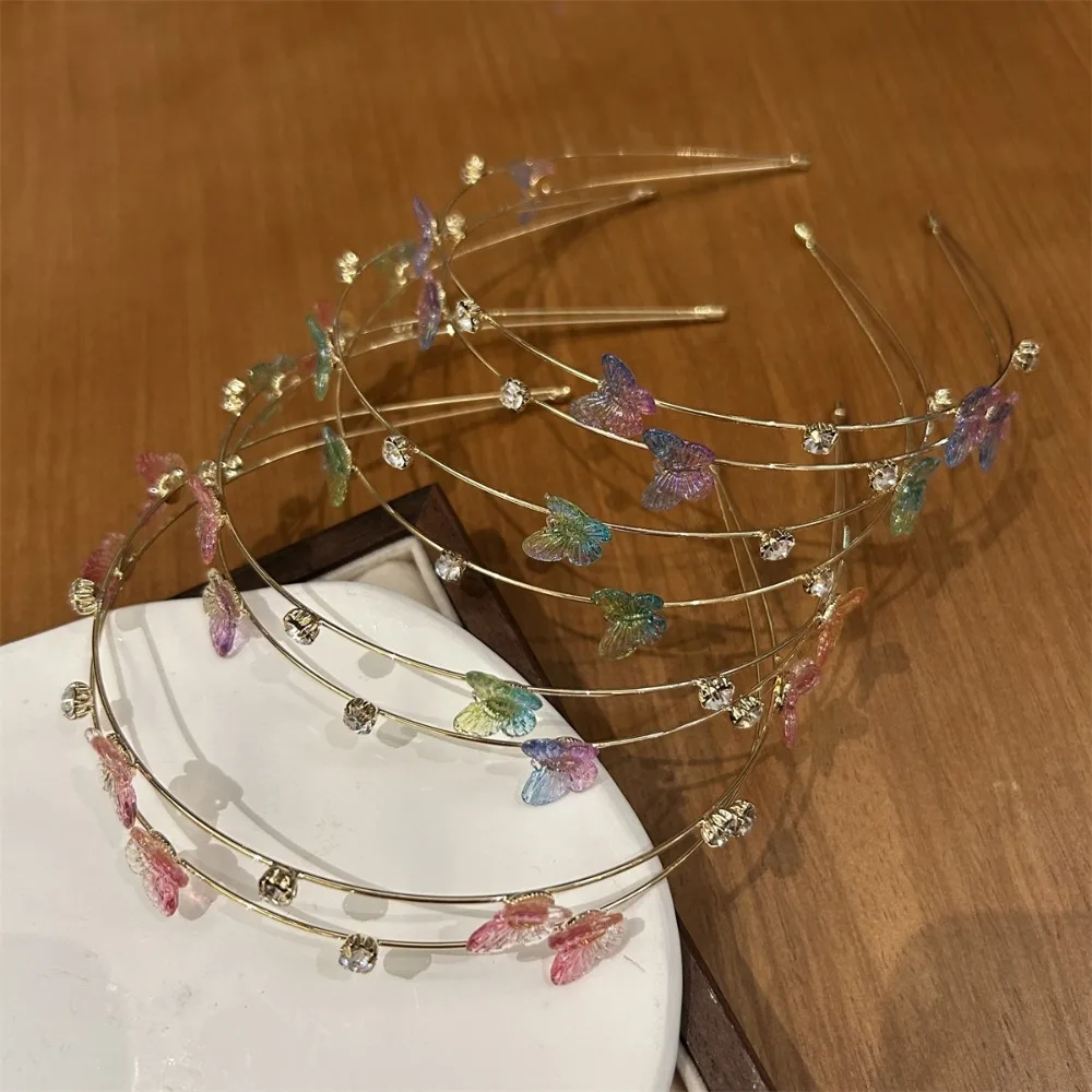 All-match Alloy Double Root Hair Bands Thin Waterproof Butterfly Head Hoop Rhinestone Metal Headdress Flower Hair Hoop Girls
