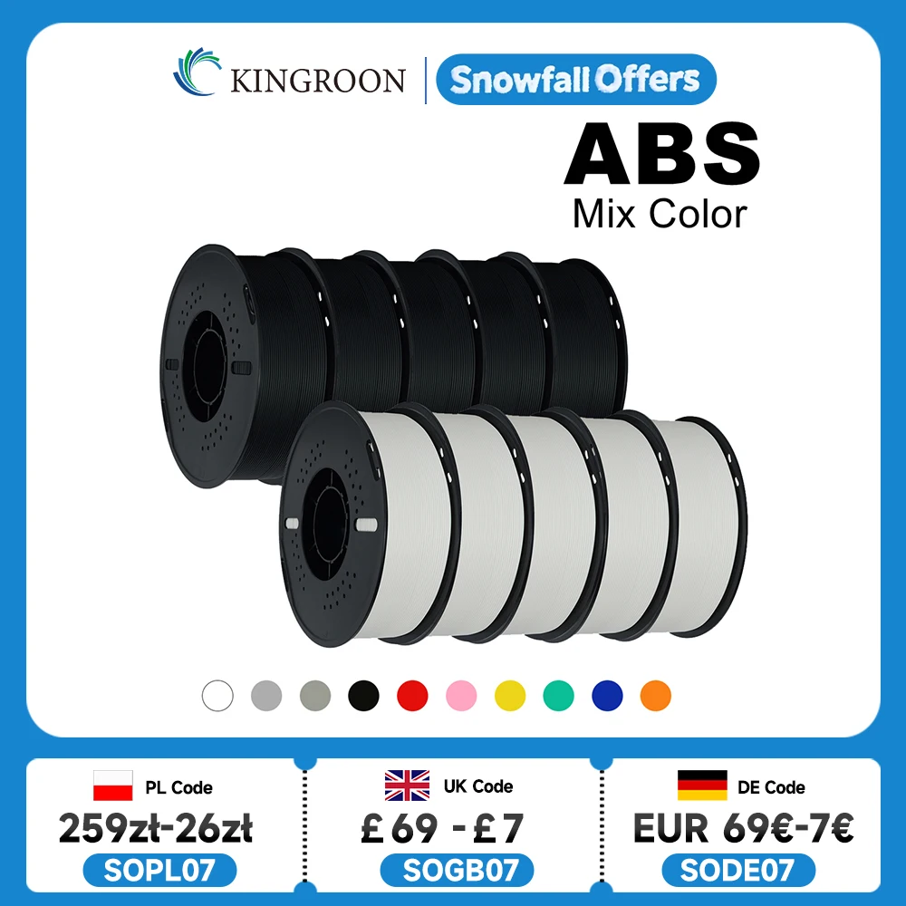 

KINGROON 5KG(11LBS) ABS Filament 1.75mm High Strength Toughness 3D Printer Material Black White Multicolor ABS 1kg*5 Roll