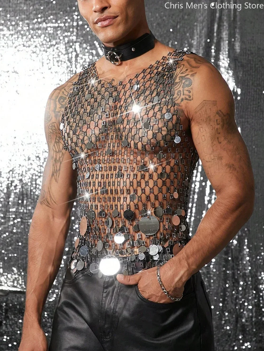 

Sparkly See-through Sleeveless Vest Nightclub Party Bar Stage Performance Shiny Body Chain Top Men's Mirror Sequin Mesh Tank Top