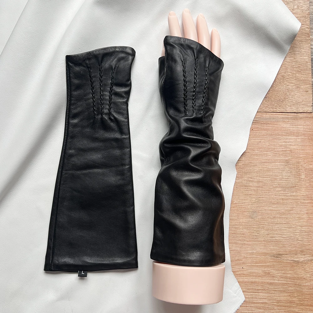 

Men's Fingerless Gloves Women's Half-fingerless Gloves Black Sheepskin 29cm Length Leather Gloves Windproof Driving Gloves Black