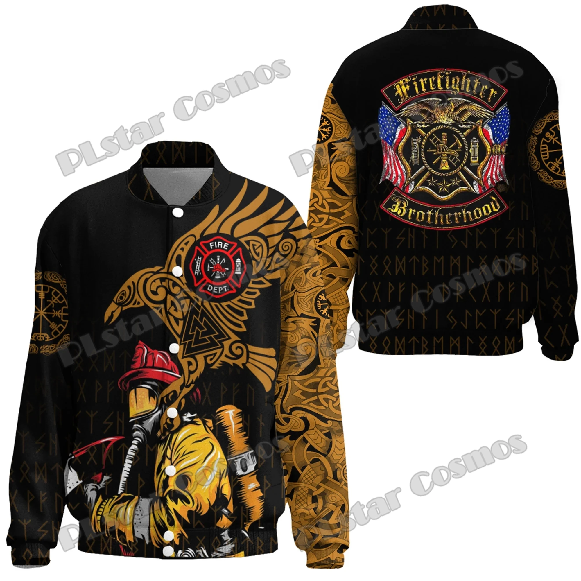 The Raven Of Odin Tattoo Firefighter 3D Printed Fashion Men's Stand-Collar Jacket Unisex Casual Winter Warm Baseball Jacket FX41