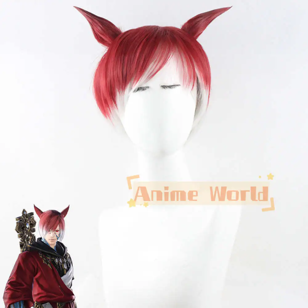 Final Fantasy XIV The Crystal Exarch G'raha Tia Red White Cosplay Wig - Wig + Ears