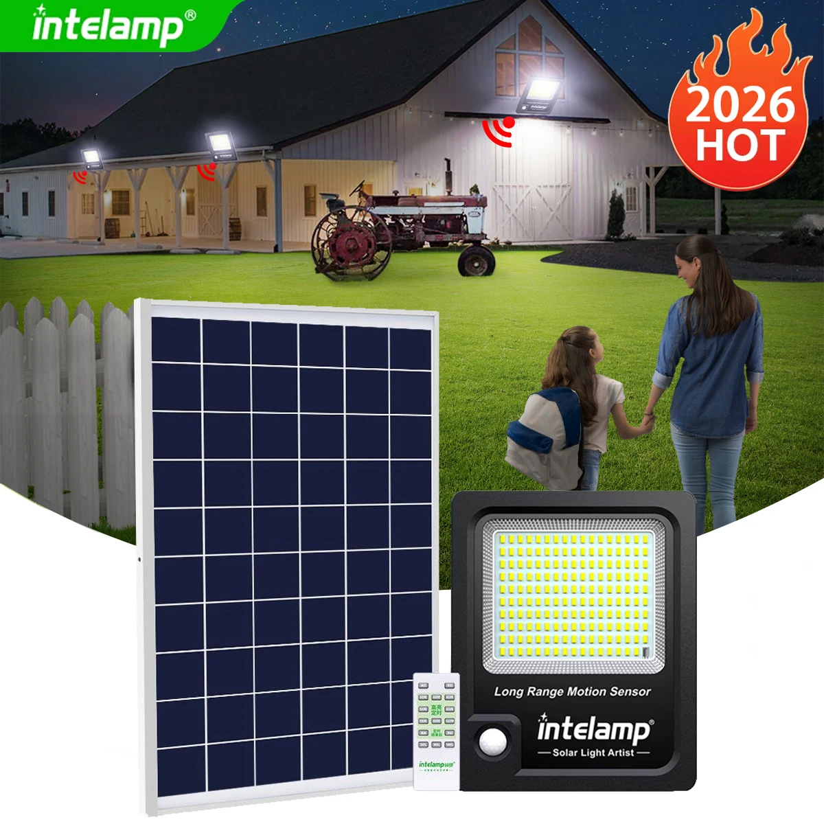 Projecteurs solaires Intelamp 12000mAh 3000LM pour extérieur, IP65, avec grand panneau solaire et capteurs de mouvement, lampes de sécurité solaires