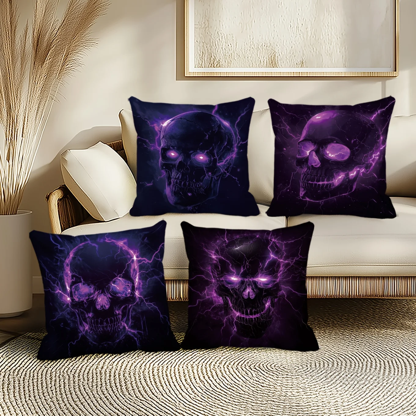 Electric Skull Glow Pillowcase Cover 4pcs 40x40cm Gothic Spooky Cushion Throw Pillowcase for Halloween Decoration Home Decor