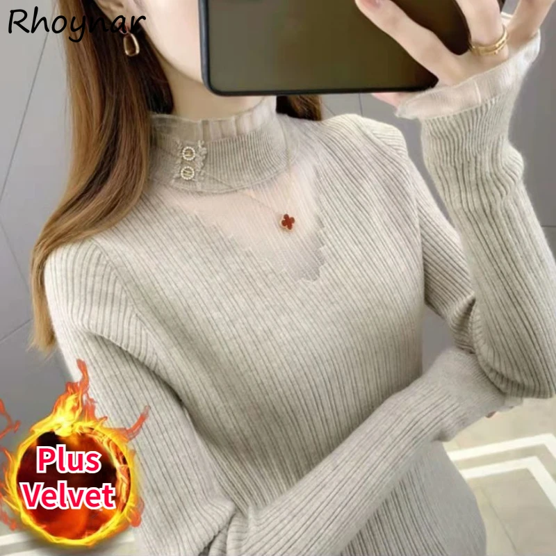 

Plus Velvet Knitted Pullovers for Women Slim Basics Fashion Mature All-match Tender Office Ladies Chic Patchwork Warm Vintage