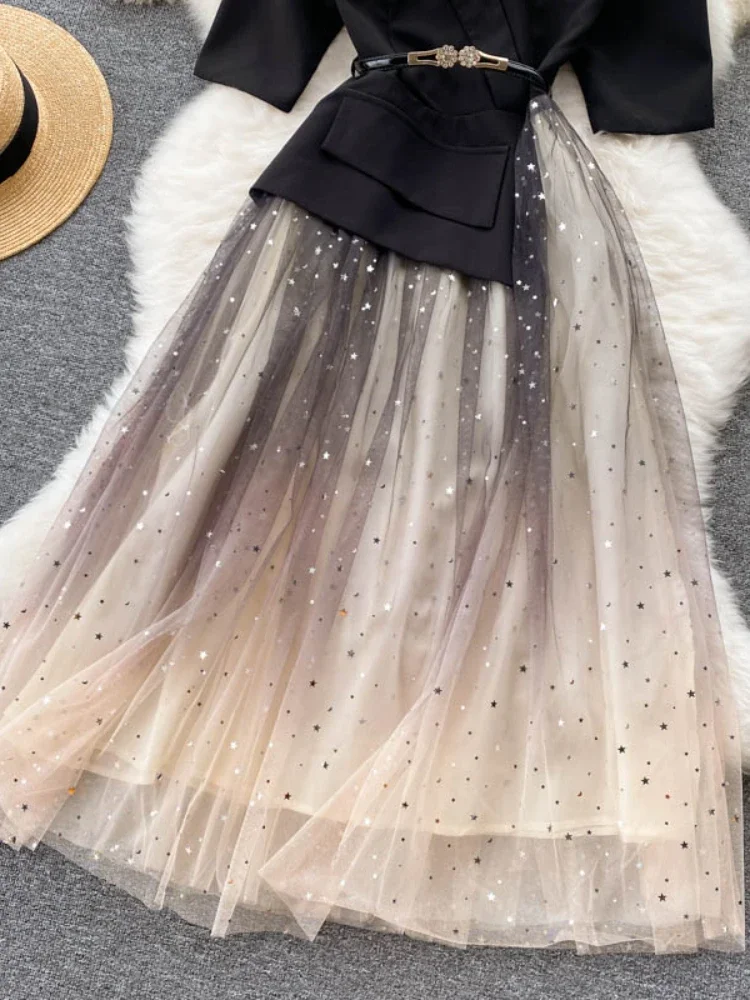 Women Vintage Mesh Patchwork Dress Spring Summer Gauze Elegant Party Dresses Ladies High Waist A Line Half Sleeve Long Robe