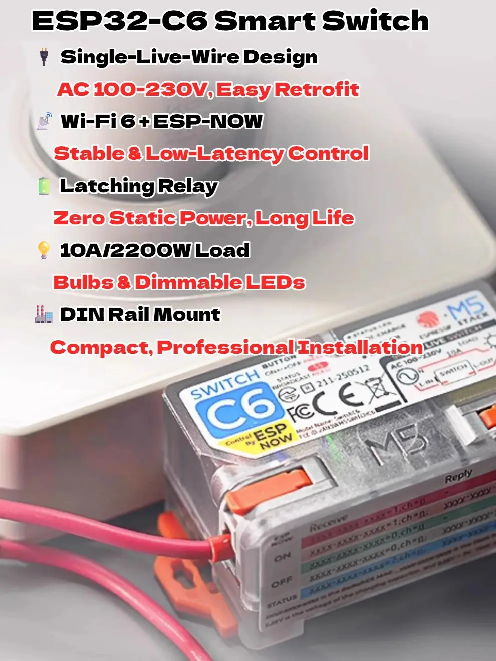 

Wi-Fi 6 ESP32-C6 Single-Live-Wire Smart Switch, 10A/2200W, DIN Rail, ESP-NOW, No Neutral Wire Required for Home Automation