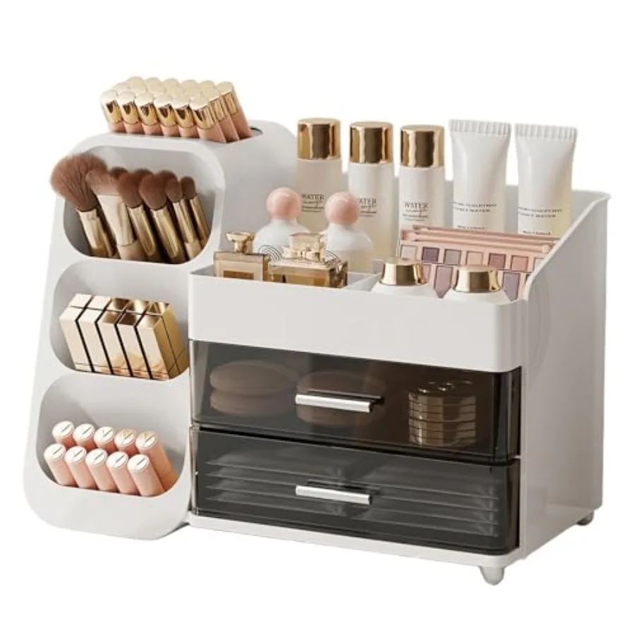 

Makeup Organizer for Vanity with Brush Holder, Large Capacity Bathroom Countertop Skincare Organizer with 2 Drawers, Cosmetic D