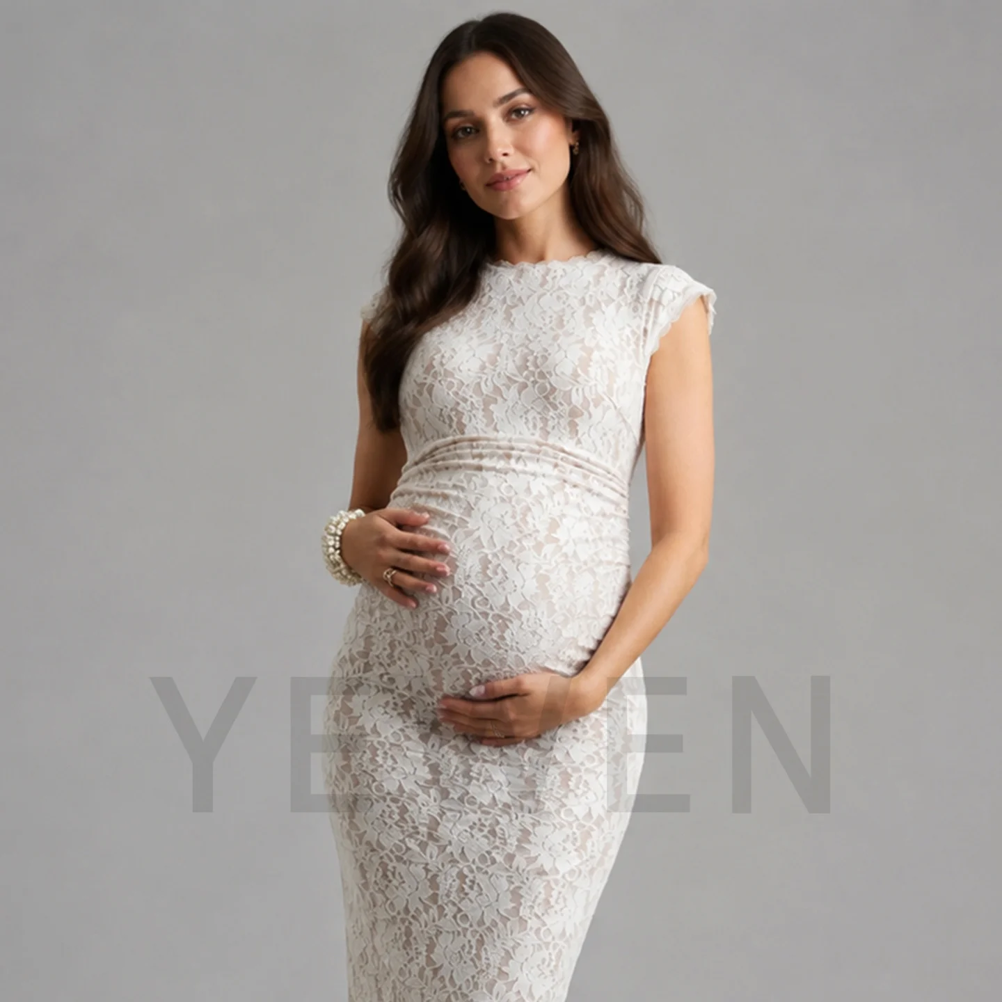 White Lace Maternity Dress Bodycon Midi Baby Shower Gown Pregnancy Dress - view 2