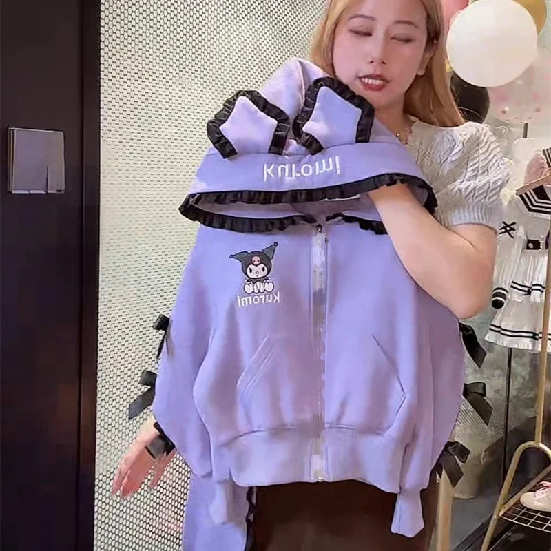 Sanrio Girls Autumn Kawaii Kuromi Casual Suit New Fashionable and Cute Middle and Large Children Hooded Top Two-piece Set