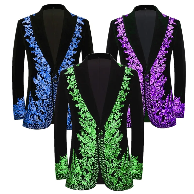 

Мужские черные бархатные пиджаки с ярко-зеленым вышитым цветочным узором, идеально подходят для сценических выступлений и свадеб, вечеринок
