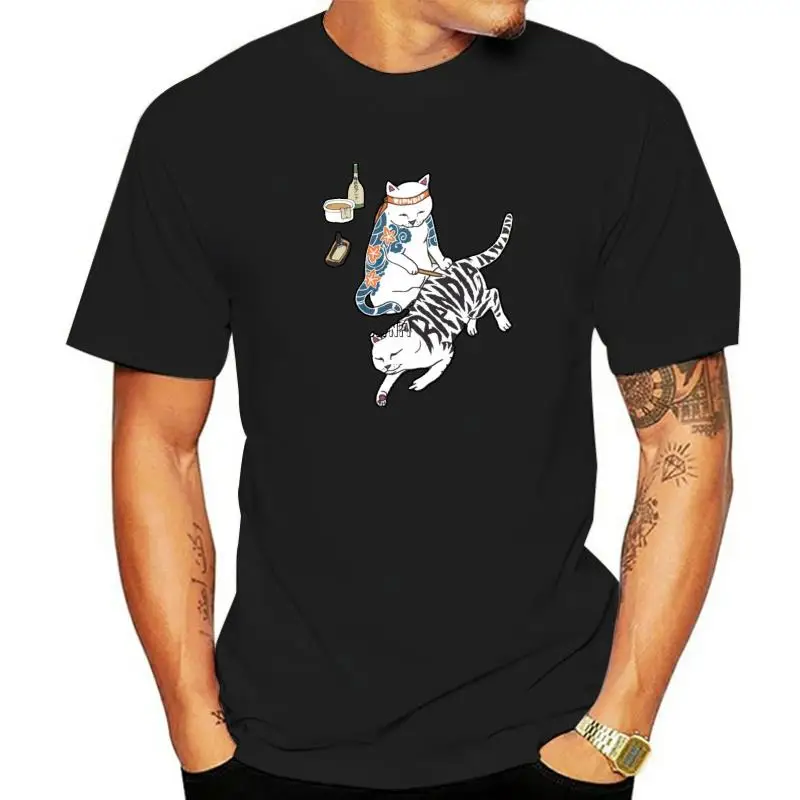 European Size Men's Japanese Middle Finger Cats T-Shirt Harajuku Style Ultra Slim Fit Youth Fashion Nine Sleeve Length