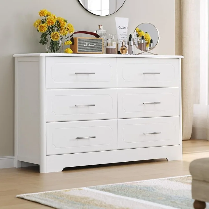 

6 Drawer Dresser, Modern White Double Dresser, Wide Chest of Drawers with Metal Handels, Accent Wood Storage Dresser Chest