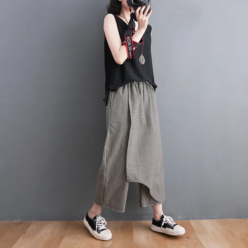 Cotton Linen Plaid Pants Casual Patchwork Fake Two-piece Straight New Fashion Front Stopper Skirt Women's Clothing Korea Stylish