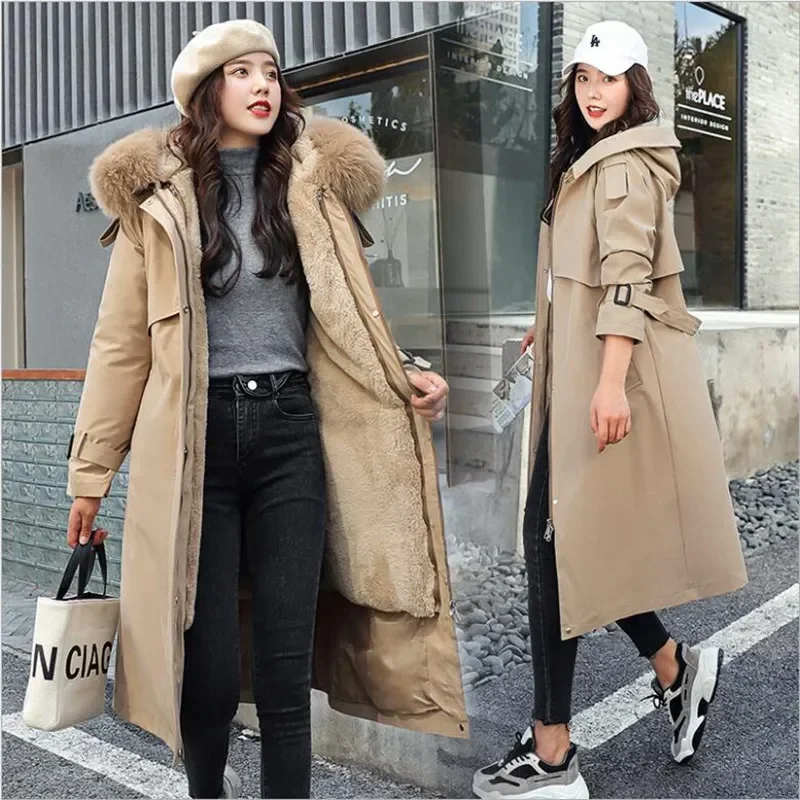 

Women's Winter Jacket Hooded X-Long Thick Warm Cotton Padded Parkas Woman Wool Liner Distachable Plus Size Jackets Coat FEER