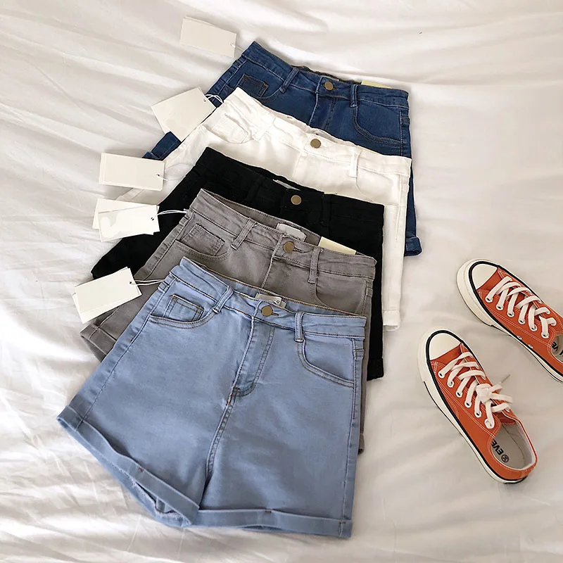 Summer New High Waist Cuffed Denim Shorts Korean Style Basic  Color Versatile Student Slim Fit Trendy Hot Pants