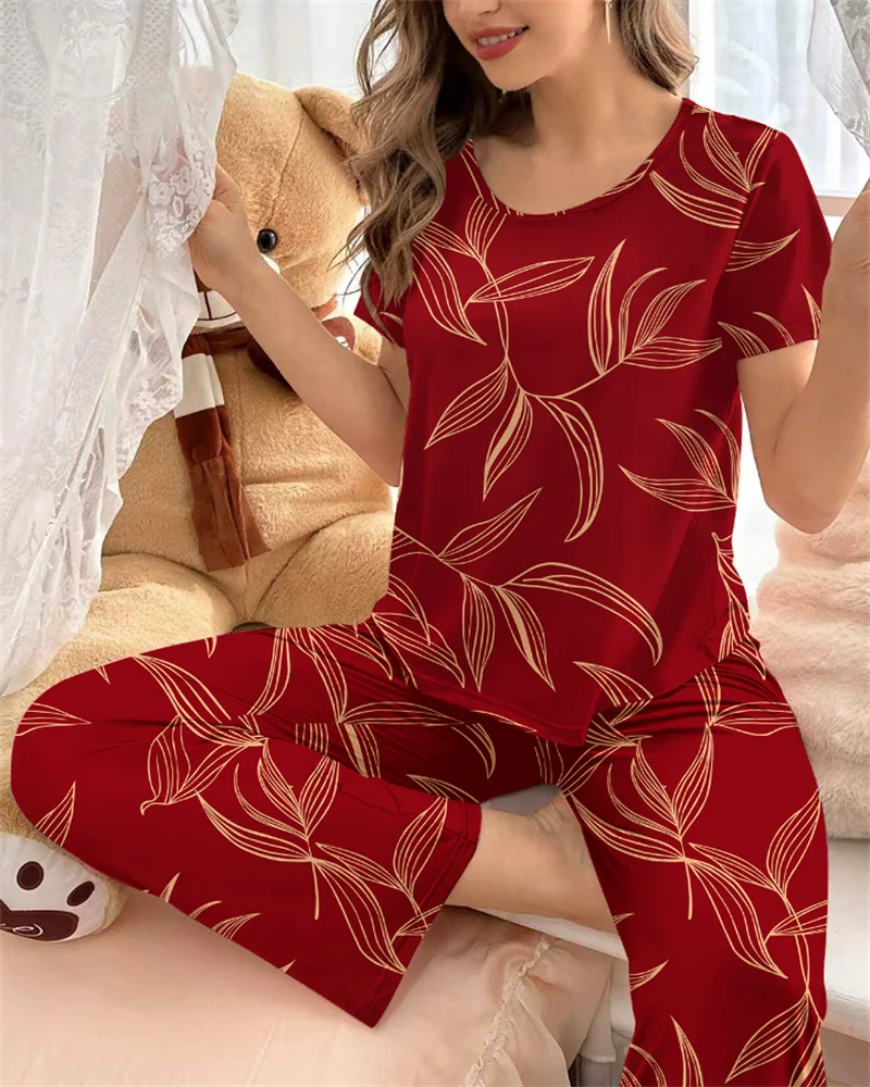 Red bamboo printed pajama suit short sleeved round neck top and elastic belt trousers women\'s pajamas and home wear