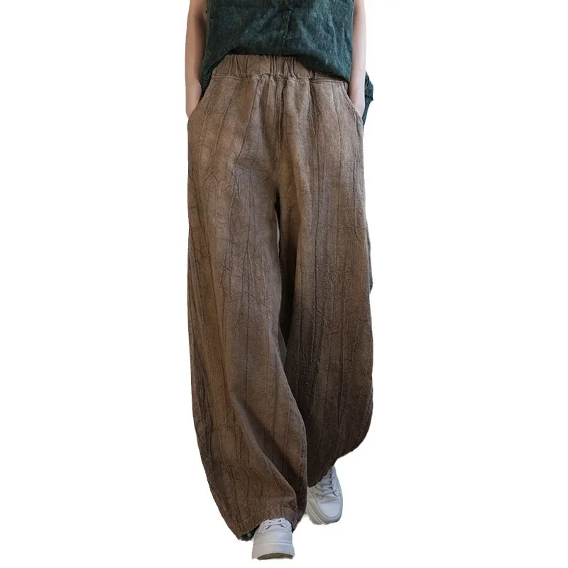 

Winter Ramie Tie-Dye Distressed Fleece-Lined Bell-Bottom Cotton Pants, Boho Chic.