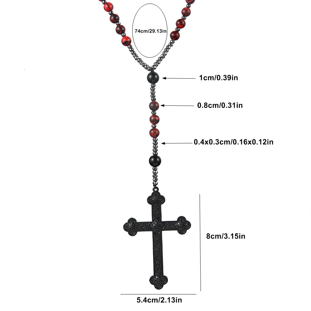 Fashion 8mm Red Round Beads Big Black Cross Pendant Necklace for Men and Women