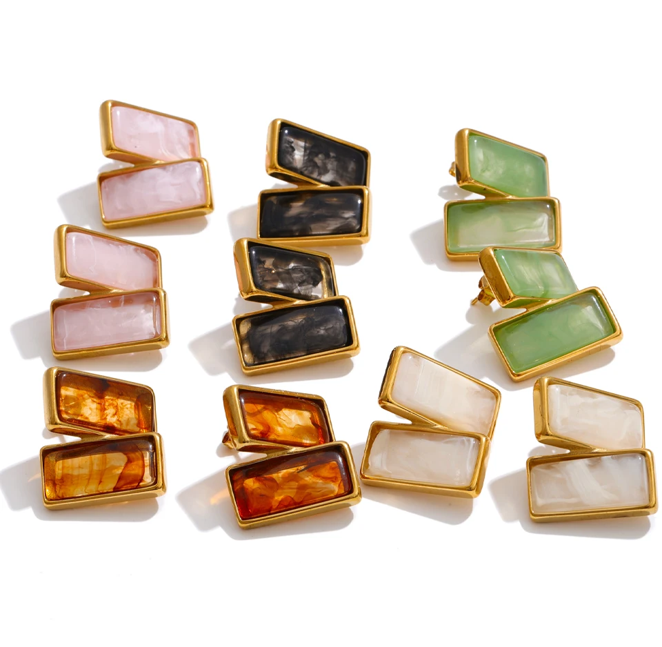 Yhpup Multi Color Stainless Steel Acrylic Resin Rectangle Stud Earrings Tarnish Resistant Daily Fashion Jewelry PVD Plated