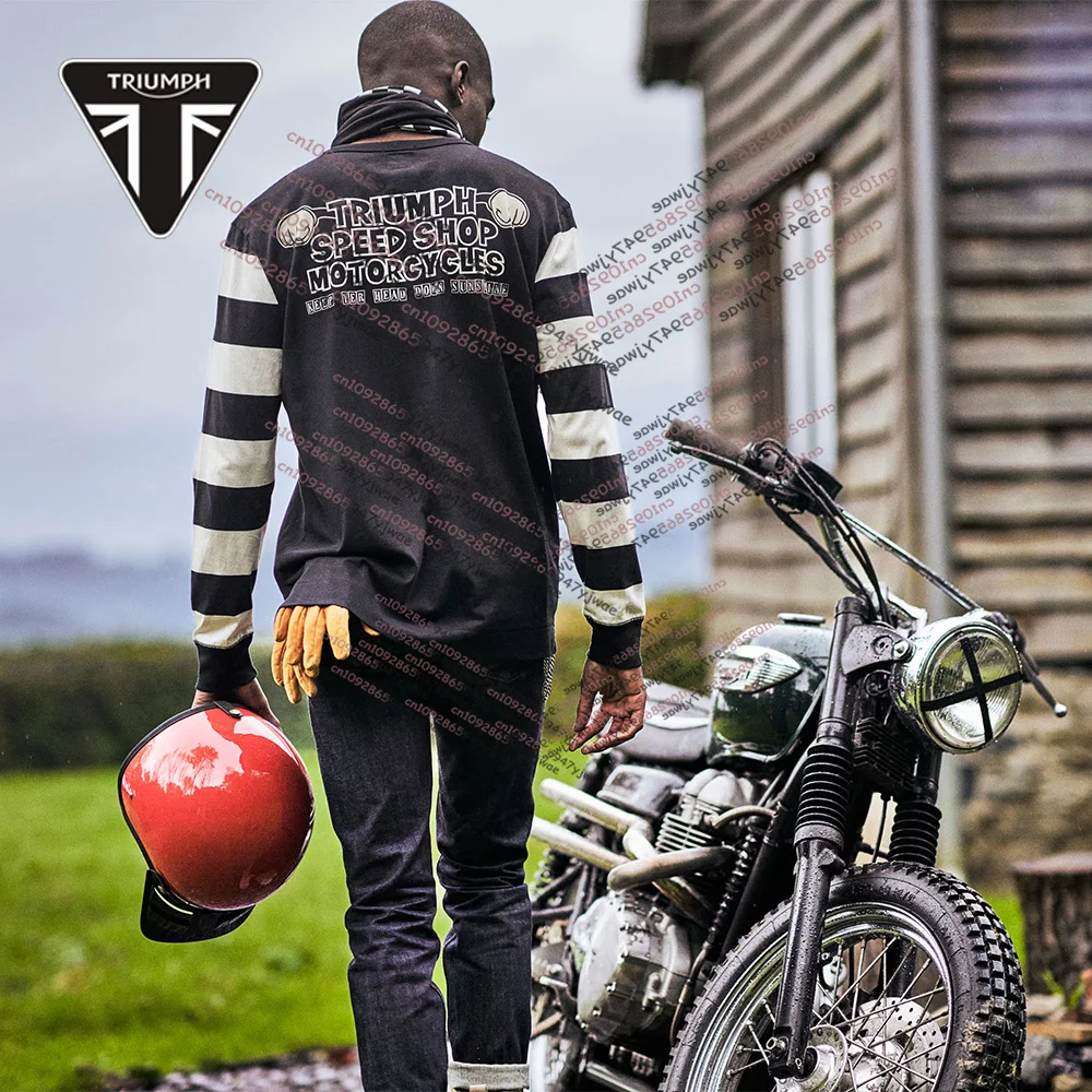 

2025 Classics Triumph Motorcycle Racing Team Men T-shirt Long Sleeved Autumn/Winter Tee New Black And Bone Printed Clothes Tops