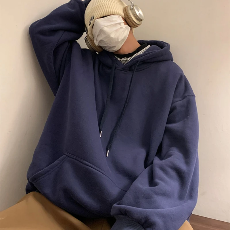 Men's Clothing Y2k Pullover Hooded Oversize Sweatshirt Plush Solid Loose Harajuku Streetwear Spring Tops Korean Male Clothes