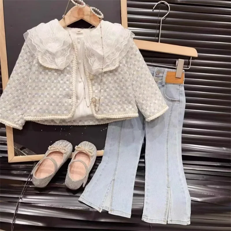 

Coat Korean Girl Loose Coat White Shirt Cowboy Horn Pants Sweet Simple Spring Autumn New Fashion 2025 Childrens Clothing