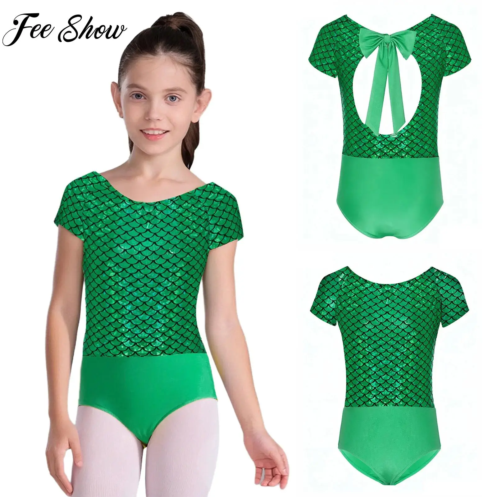 أطفال بنات مقياس السمك المعدني طباعة ثياب الباليه قصيرة الأكمام Bowknot انقطاع الظهر داخلية لأداء الرقص الجمباز