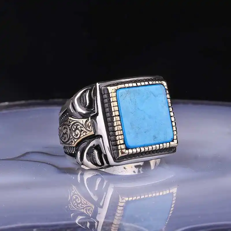 ​Silver Square Turquoise Stone Men's Ring - 925 Sterling Men's Jewelry Wedding Birthday Gift - Box - Stone - For Man - Fashion - Botiva - Size - Turkish - Patterned Embroidery