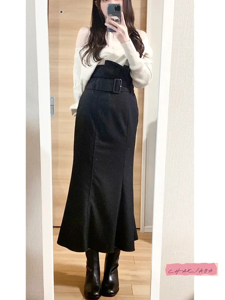 

Japanese Spring and Autumn Elegant and Versatile Commuter High-Waist Mint-Trim Mermaid Skirt Vintage Style Long Skirt with Belt