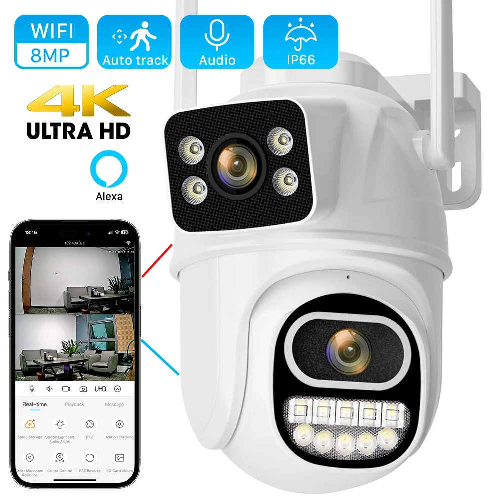 8MP 4K PTZ Wifi Camera Dual Lens with Dual Screen Ai Human Detect Auto Tracking Wireless Outdoor Surveillance Camera iCSee App