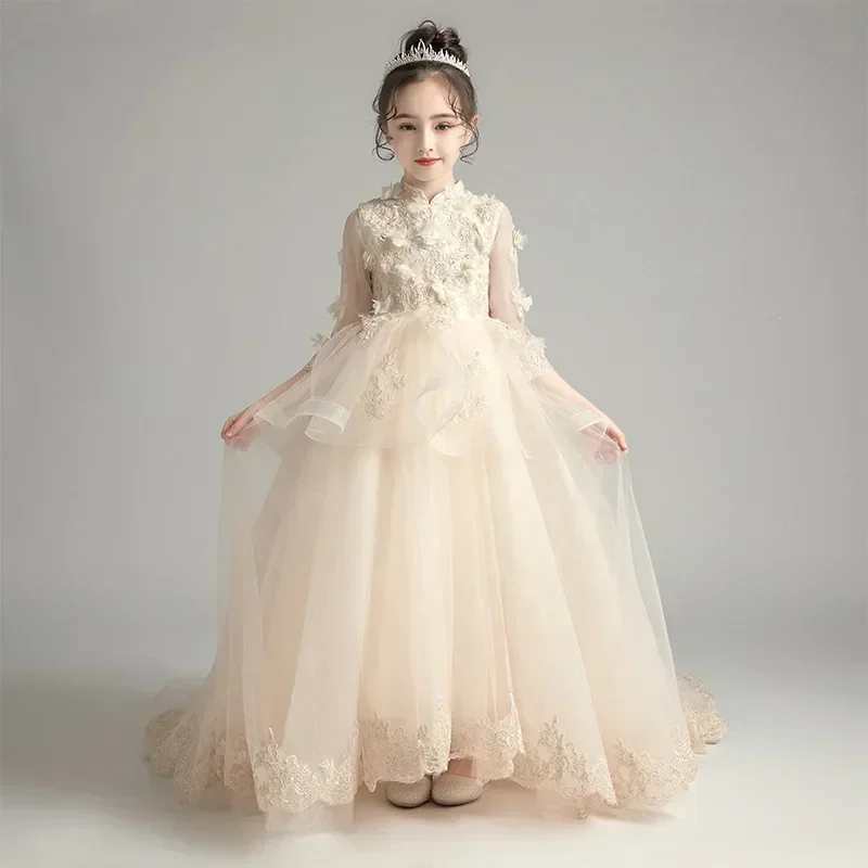 Robe de soirée en gaze moelleuse pour enfants, robe de performance, queue de fleur, spectacle de marche pour garçon, petite fille, nouveau, printemps, 2024