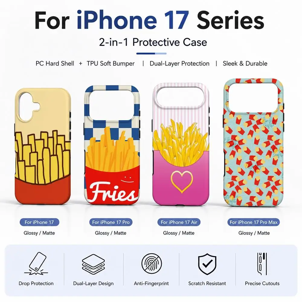 Nouvelle Coque de Téléphone Créative de Luxe HD en Forme de Frites, Matériau Film 2-en-1, pour iPhone 17, 16, 15, 14, 12, 17 Air, 16e, 13 Pro MAX, 16 Plus