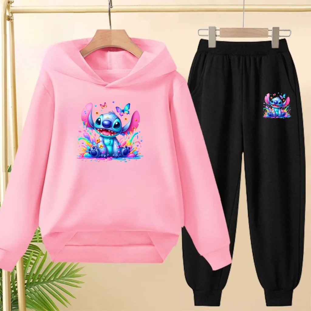 

Children's Sportswear, Cartoon and Anime Printed Pattern Hooded Sweatshirt + Long Pants Set, Pink Loose Clothing Set for Girls